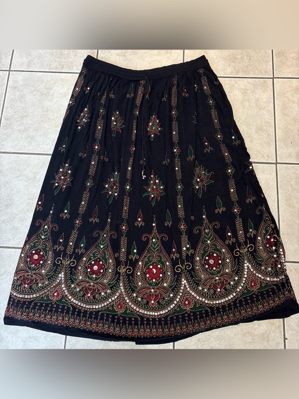 Whimseygoth Boho Black Sequined Embroidered Maxi Skirt✨
